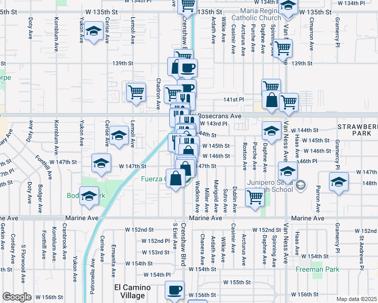 map of restaurants, bars, coffee shops, grocery stores, and more near 14526 Crenshaw Boulevard in Gardena