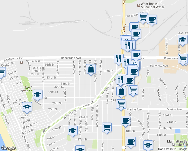 map of restaurants, bars, coffee shops, grocery stores, and more near 3307 North Poinsettia Avenue in Manhattan Beach