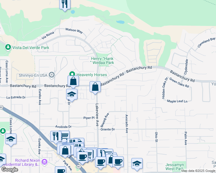 map of restaurants, bars, coffee shops, grocery stores, and more near 18568 Arbor Gate Lane in Yorba Linda