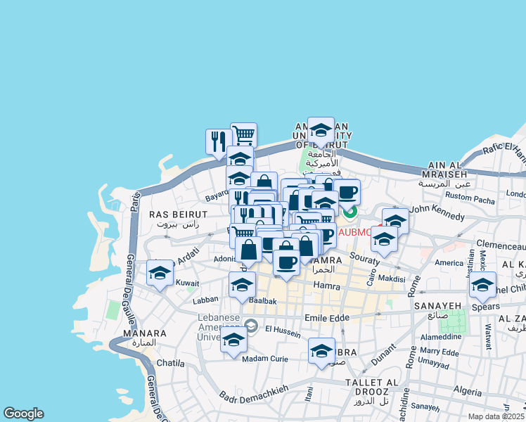 map of restaurants, bars, coffee shops, grocery stores, and more near American University in Bayrut