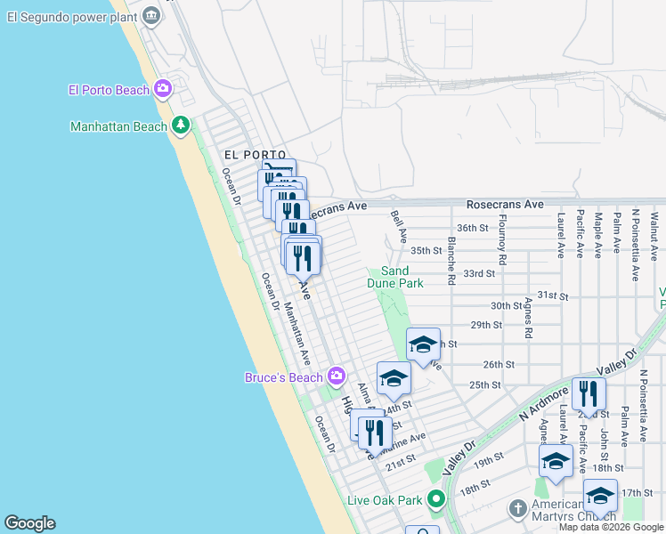 map of restaurants, bars, coffee shops, grocery stores, and more near 420 34th Street in Manhattan Beach