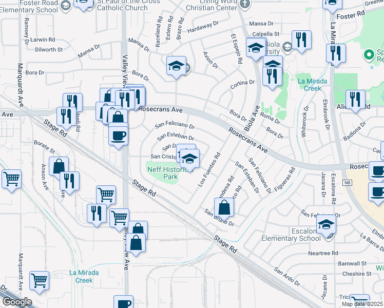 map of restaurants, bars, coffee shops, grocery stores, and more near 14522 San Dieguito Drive in La Mirada
