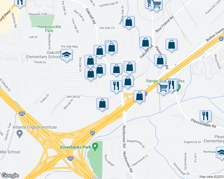 map of restaurants, bars, coffee shops, grocery stores, and more near 3715 Northcrest Road in Atlanta