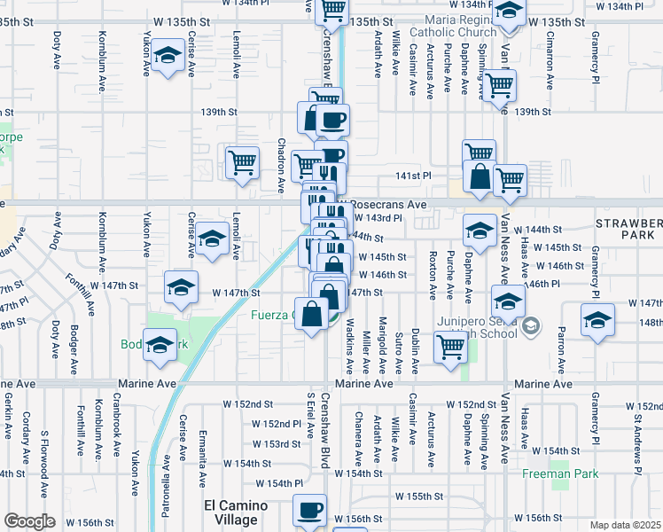map of restaurants, bars, coffee shops, grocery stores, and more near 14526 Crenshaw Boulevard in Gardena