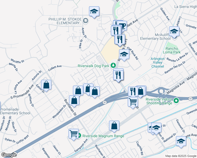 map of restaurants, bars, coffee shops, grocery stores, and more near in Riverside