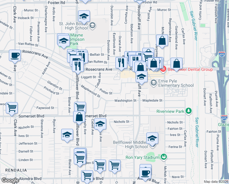 map of restaurants, bars, coffee shops, grocery stores, and more near 10016 Lindale Street in Bellflower