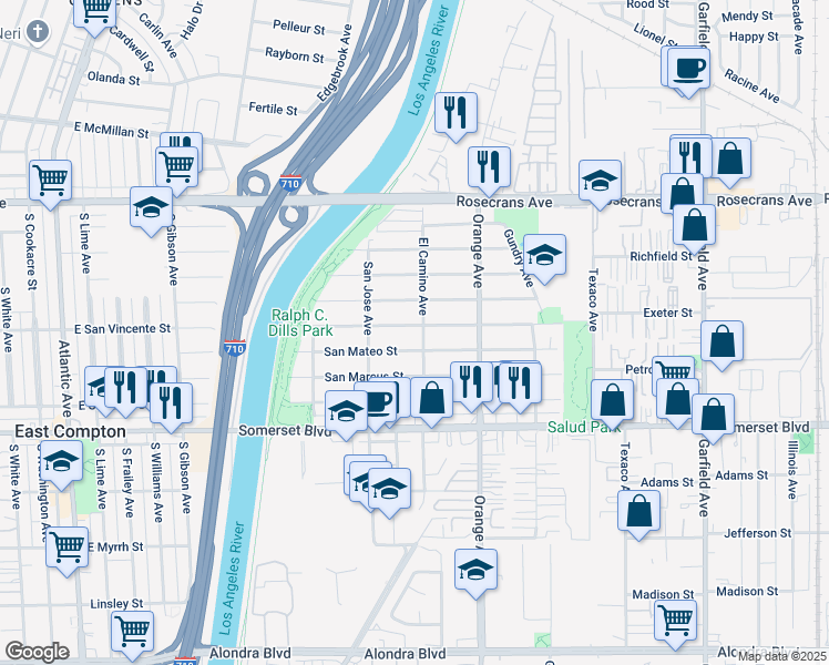 map of restaurants, bars, coffee shops, grocery stores, and more near 6639 San Vincente Street in Paramount