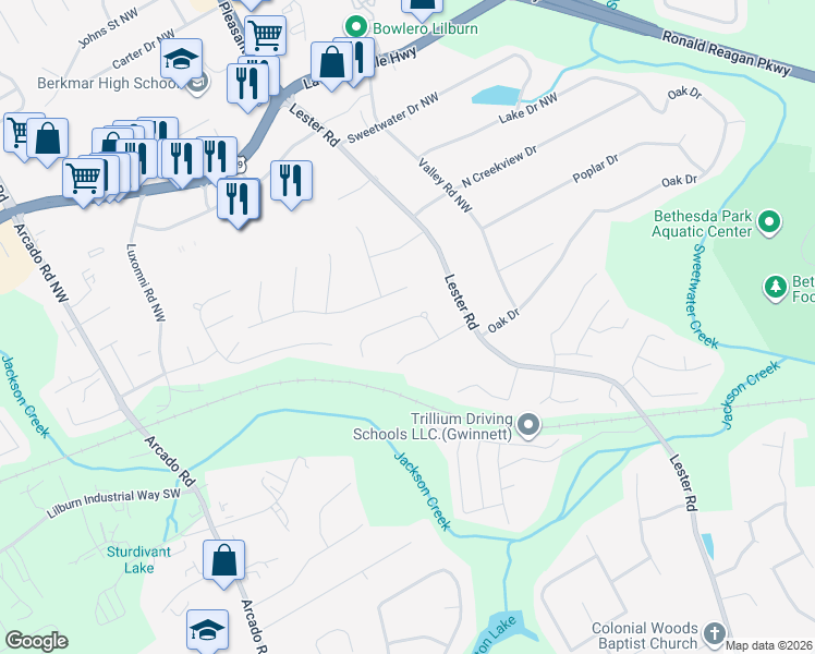 map of restaurants, bars, coffee shops, grocery stores, and more near 140 Halbert Court in Lawrenceville