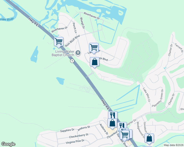 map of restaurants, bars, coffee shops, grocery stores, and more near Sun Colony Blvd in Little River