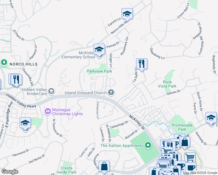 map of restaurants, bars, coffee shops, grocery stores, and more near 2110 Almeria Street in Corona