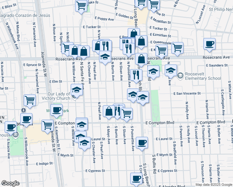 map of restaurants, bars, coffee shops, grocery stores, and more near 506 North Burris Avenue in Compton