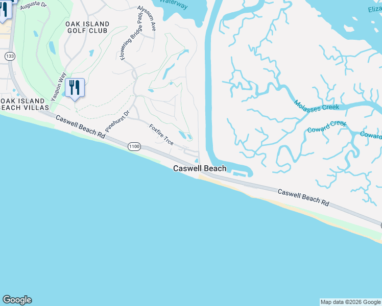 map of restaurants, bars, coffee shops, grocery stores, and more near 95 Ocean Greens Lane in Caswell Beach
