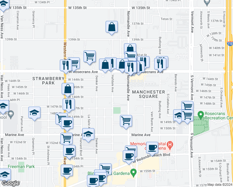 map of restaurants, bars, coffee shops, grocery stores, and more near 1451 West 146th Street in Gardena