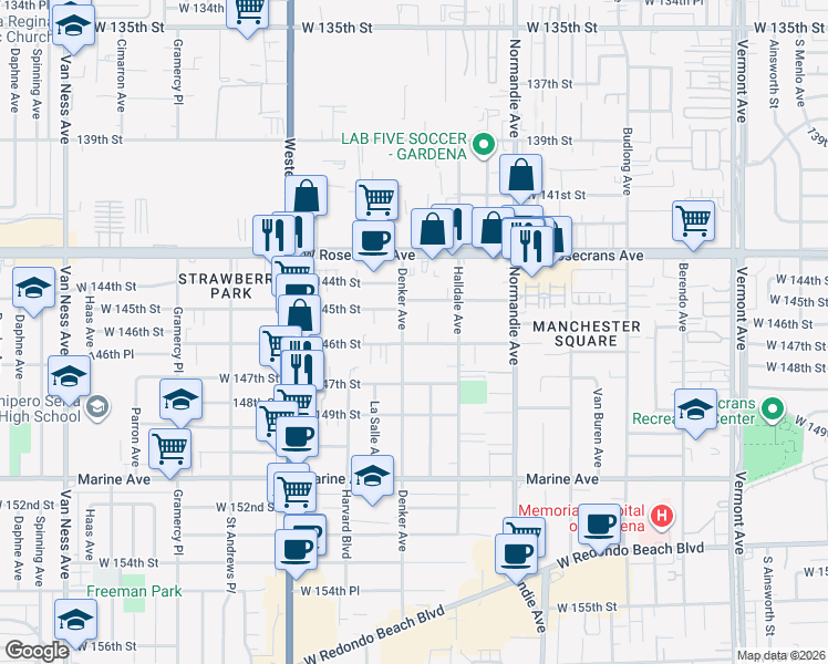 map of restaurants, bars, coffee shops, grocery stores, and more near 14503 Denker Avenue in Gardena