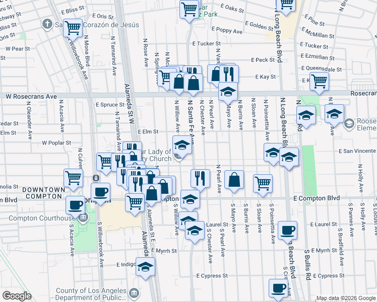 map of restaurants, bars, coffee shops, grocery stores, and more near 2 North Santa Fe Avenue in Compton