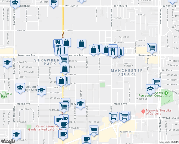 map of restaurants, bars, coffee shops, grocery stores, and more near 1549 West 146th Street in Gardena