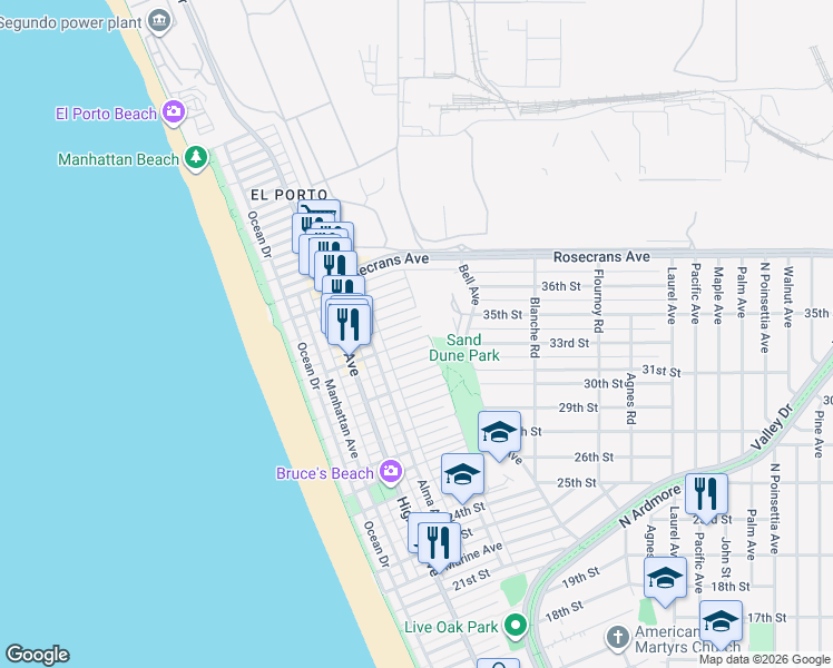map of restaurants, bars, coffee shops, grocery stores, and more near 469 34th Street in Manhattan Beach