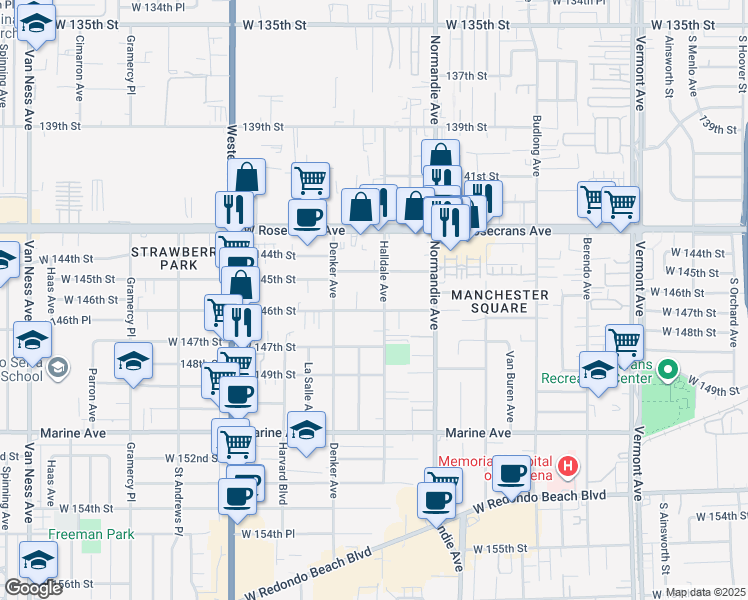 map of restaurants, bars, coffee shops, grocery stores, and more near 1507 West 146th Street in Gardena