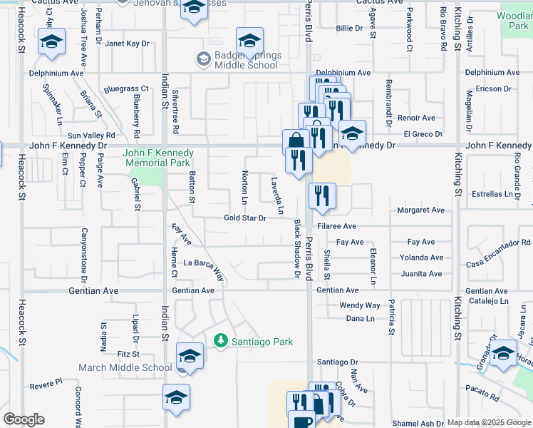 map of restaurants, bars, coffee shops, grocery stores, and more near 15189 Prentice Way in Moreno Valley