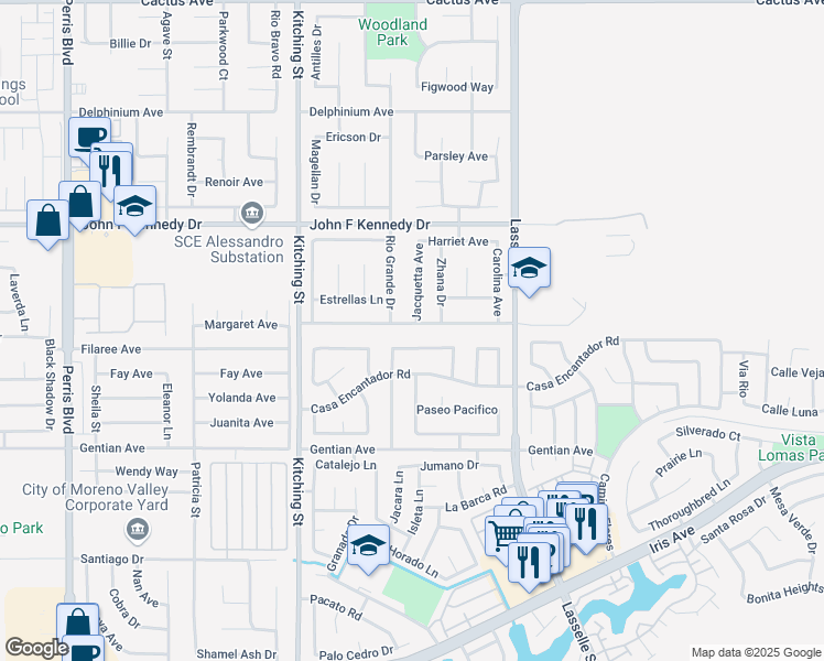 map of restaurants, bars, coffee shops, grocery stores, and more near 25771 Margaret Avenue in Moreno Valley