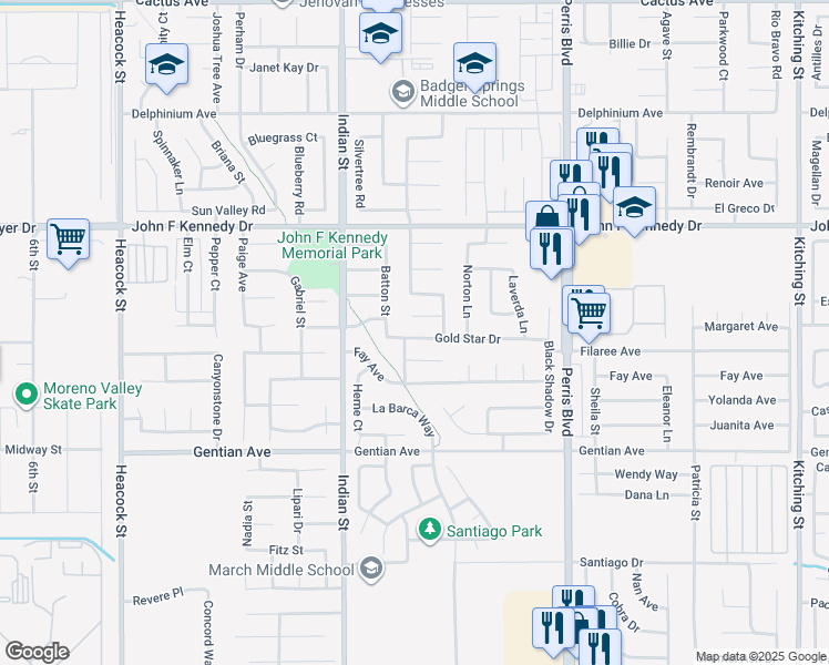 map of restaurants, bars, coffee shops, grocery stores, and more near 24660 Heath Court in Moreno Valley