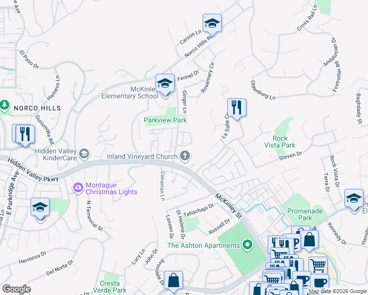 map of restaurants, bars, coffee shops, grocery stores, and more near 2110 Almeria Street in Corona