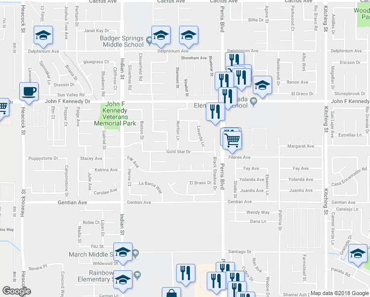 map of restaurants, bars, coffee shops, grocery stores, and more near 24794 Gold Star Drive in Moreno Valley
