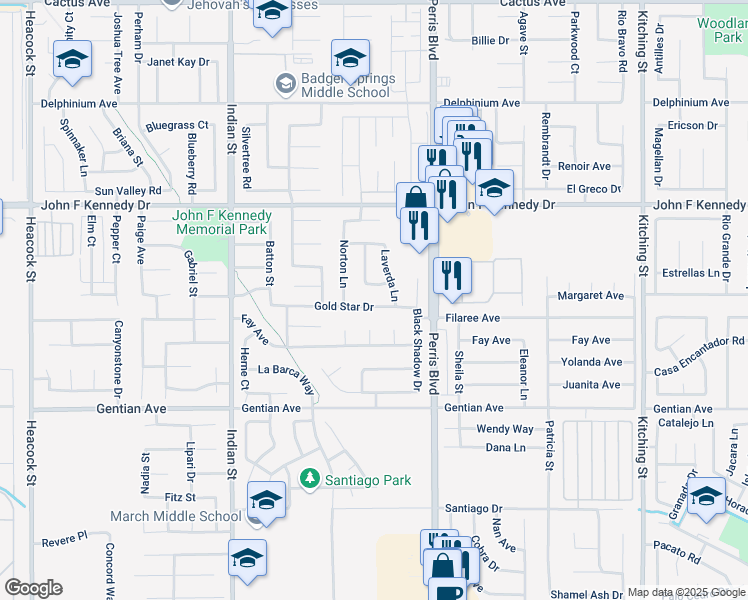map of restaurants, bars, coffee shops, grocery stores, and more near 15189 Prentice Way in Moreno Valley