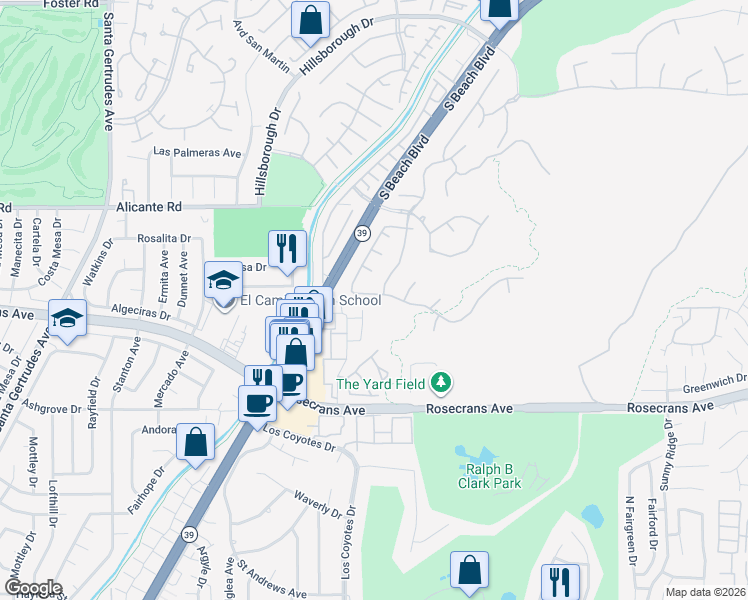 map of restaurants, bars, coffee shops, grocery stores, and more near 3109 Highlander Road in Fullerton