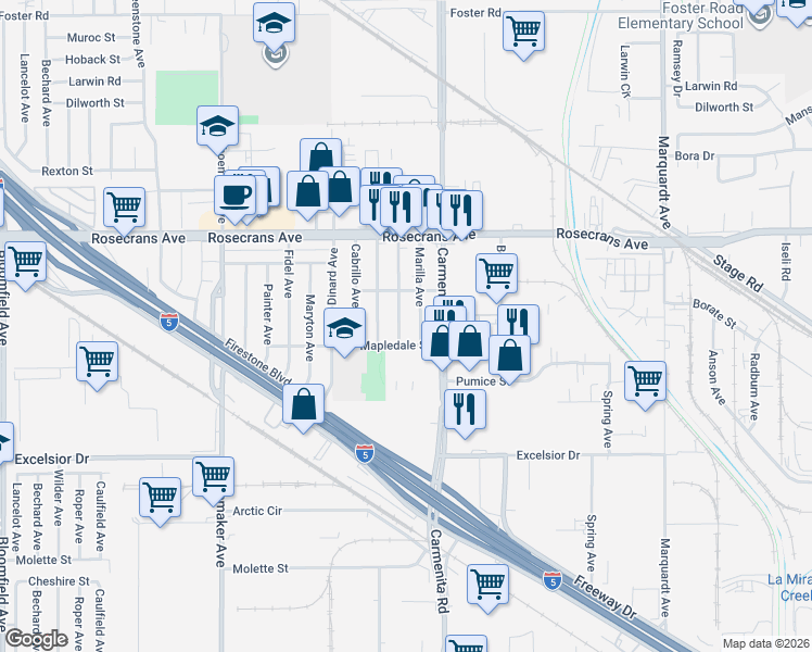 map of restaurants, bars, coffee shops, grocery stores, and more near 14415 Claressa Avenue in Norwalk