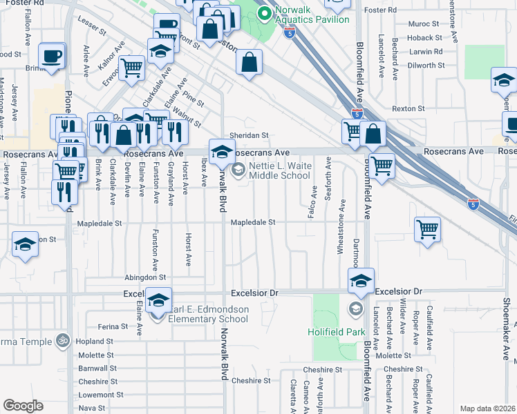 map of restaurants, bars, coffee shops, grocery stores, and more near 14432 Disney Avenue in Norwalk
