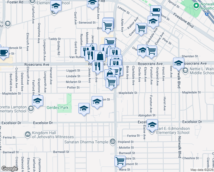 map of restaurants, bars, coffee shops, grocery stores, and more near 14407 Alburtis Avenue in Norwalk