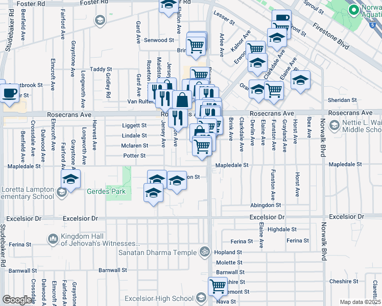 map of restaurants, bars, coffee shops, grocery stores, and more near 14407 Alburtis Avenue in Norwalk