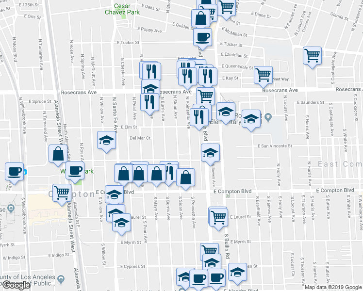 map of restaurants, bars, coffee shops, grocery stores, and more near 522 North Sloan Avenue in Compton