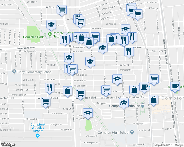 map of restaurants, bars, coffee shops, grocery stores, and more near 610 West Poplar Street in Compton