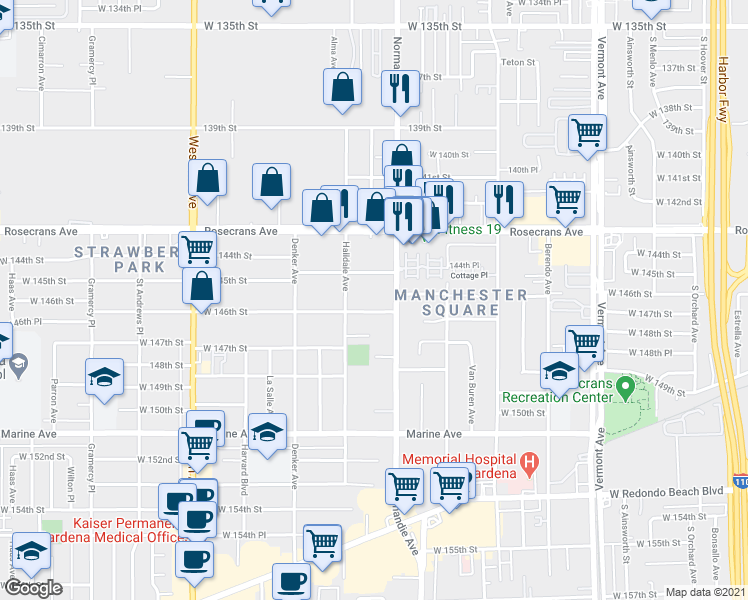 map of restaurants, bars, coffee shops, grocery stores, and more near 1446 West 145th Street in Gardena