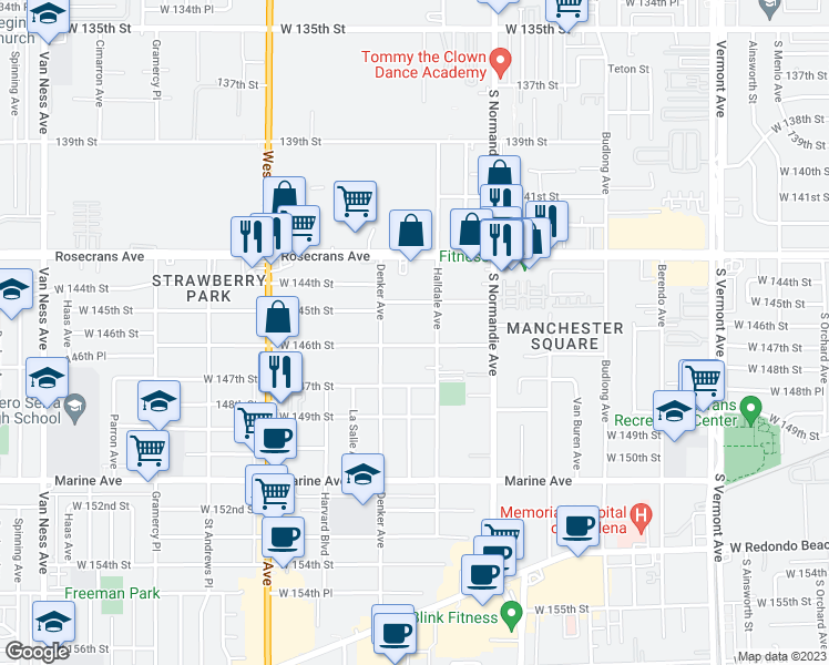 map of restaurants, bars, coffee shops, grocery stores, and more near 1522 West 145th Street in Gardena