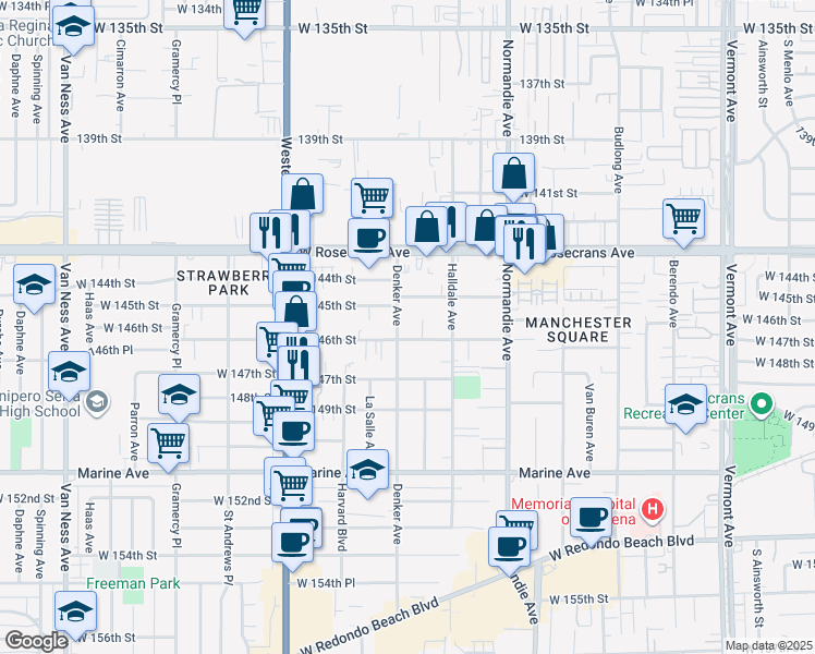 map of restaurants, bars, coffee shops, grocery stores, and more near 14503 Denker Avenue in Gardena