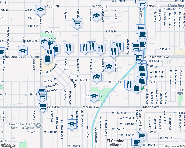 map of restaurants, bars, coffee shops, grocery stores, and more near 14510 Yukon Avenue in Hawthorne