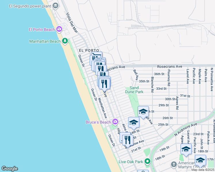 map of restaurants, bars, coffee shops, grocery stores, and more near 380 35th Street in Manhattan Beach