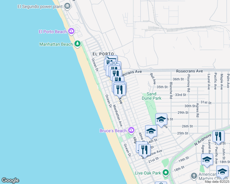 map of restaurants, bars, coffee shops, grocery stores, and more near 3509 Highland Avenue in Manhattan Beach