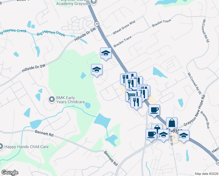 map of restaurants, bars, coffee shops, grocery stores, and more near 590 Glens Farm Way in Grayson
