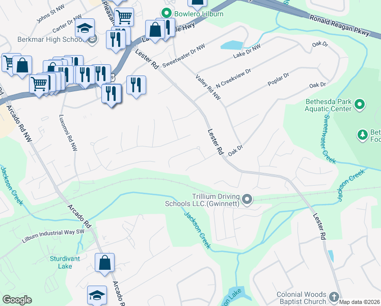 map of restaurants, bars, coffee shops, grocery stores, and more near 140 Halbert Court in Lawrenceville