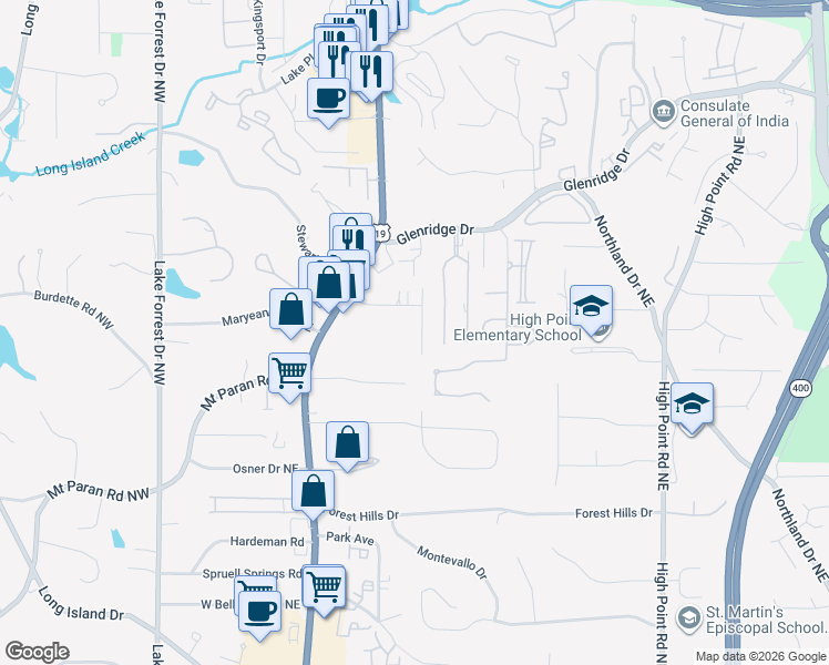 map of restaurants, bars, coffee shops, grocery stores, and more near 285 Green Hill Road Northeast in Atlanta