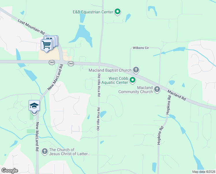 map of restaurants, bars, coffee shops, grocery stores, and more near 2240 Chaseford Lane Southwest in Powder Springs