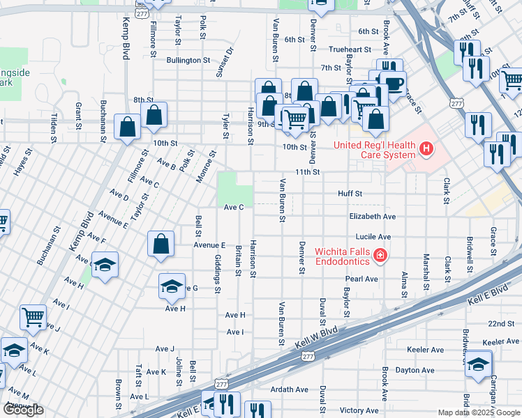 map of restaurants, bars, coffee shops, grocery stores, and more near 2011 Huff Street in Wichita Falls