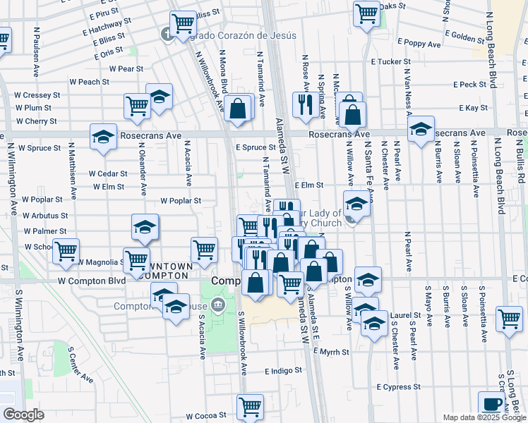 map of restaurants, bars, coffee shops, grocery stores, and more near 500 North Willowbrook Avenue in Compton