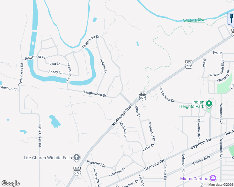 map of restaurants, bars, coffee shops, grocery stores, and more near 3 Waggoner Circle in Wichita Falls