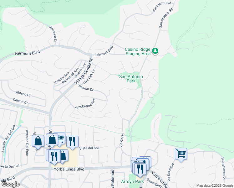 map of restaurants, bars, coffee shops, grocery stores, and more near 21075 Ridge Park Drive in Yorba Linda