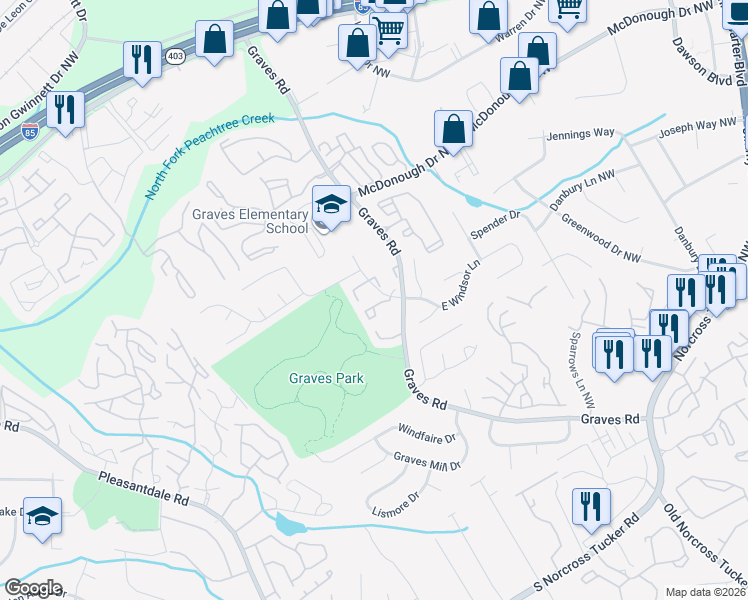map of restaurants, bars, coffee shops, grocery stores, and more near 6679 Langtry Lane in Norcross
